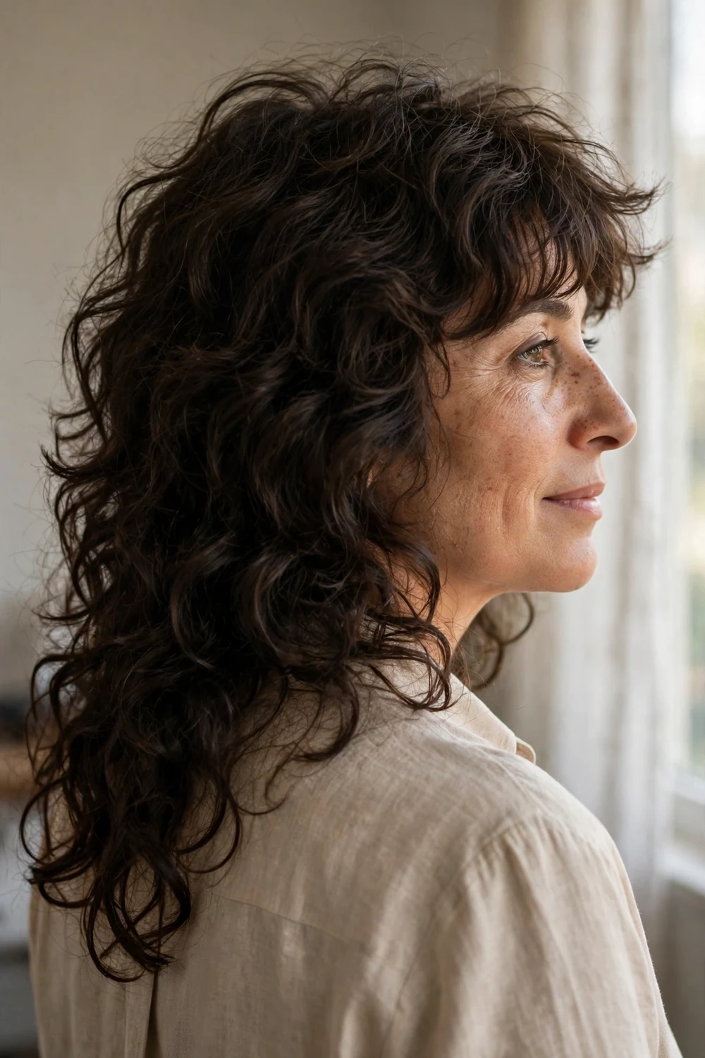 Woman with curly messy long 70s shag haircut