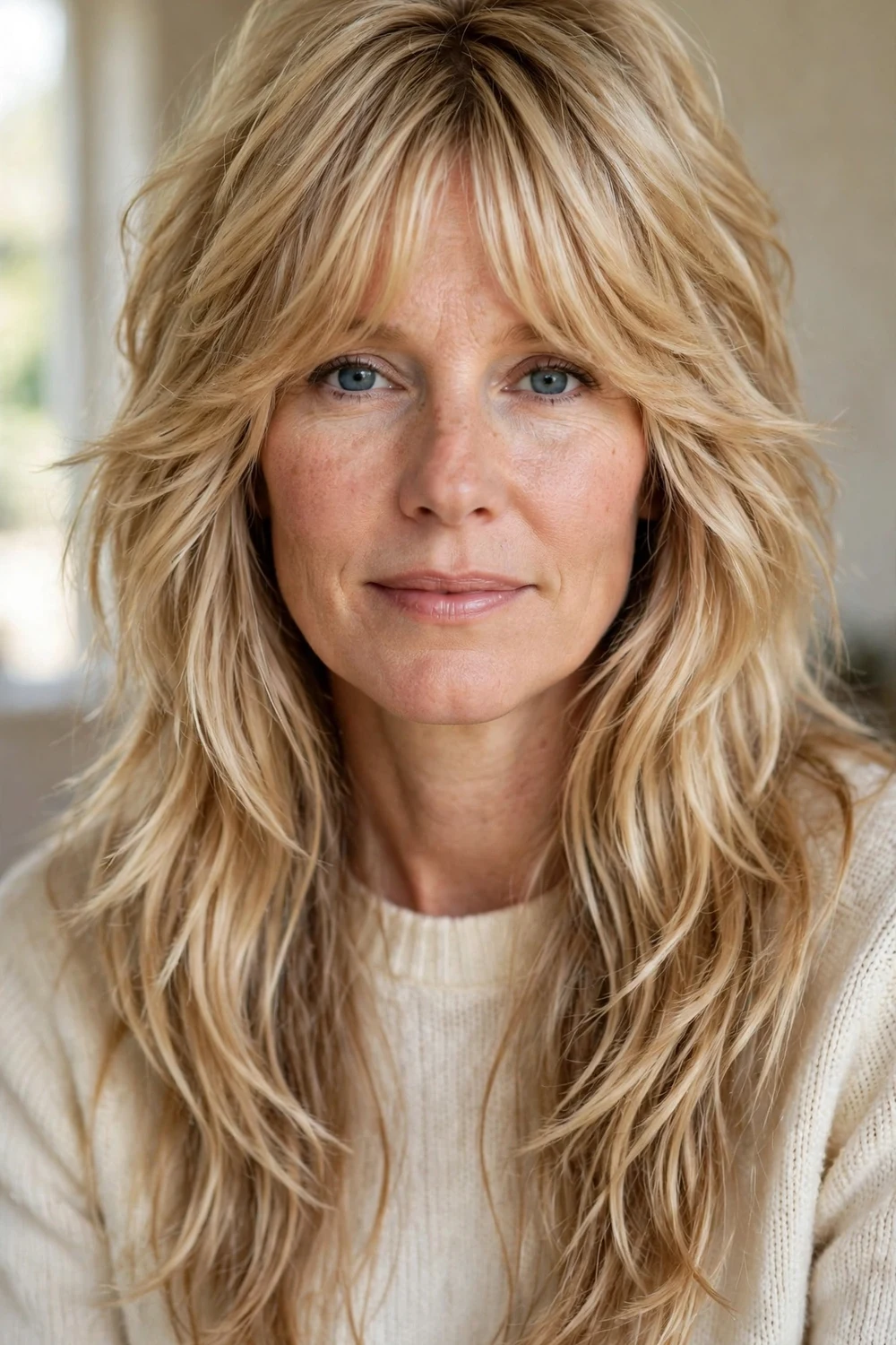 Woman with long 70s shag haircut with curtain bangs
