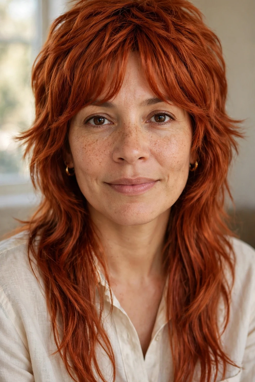 Woman with shag mullet with curtain bangs