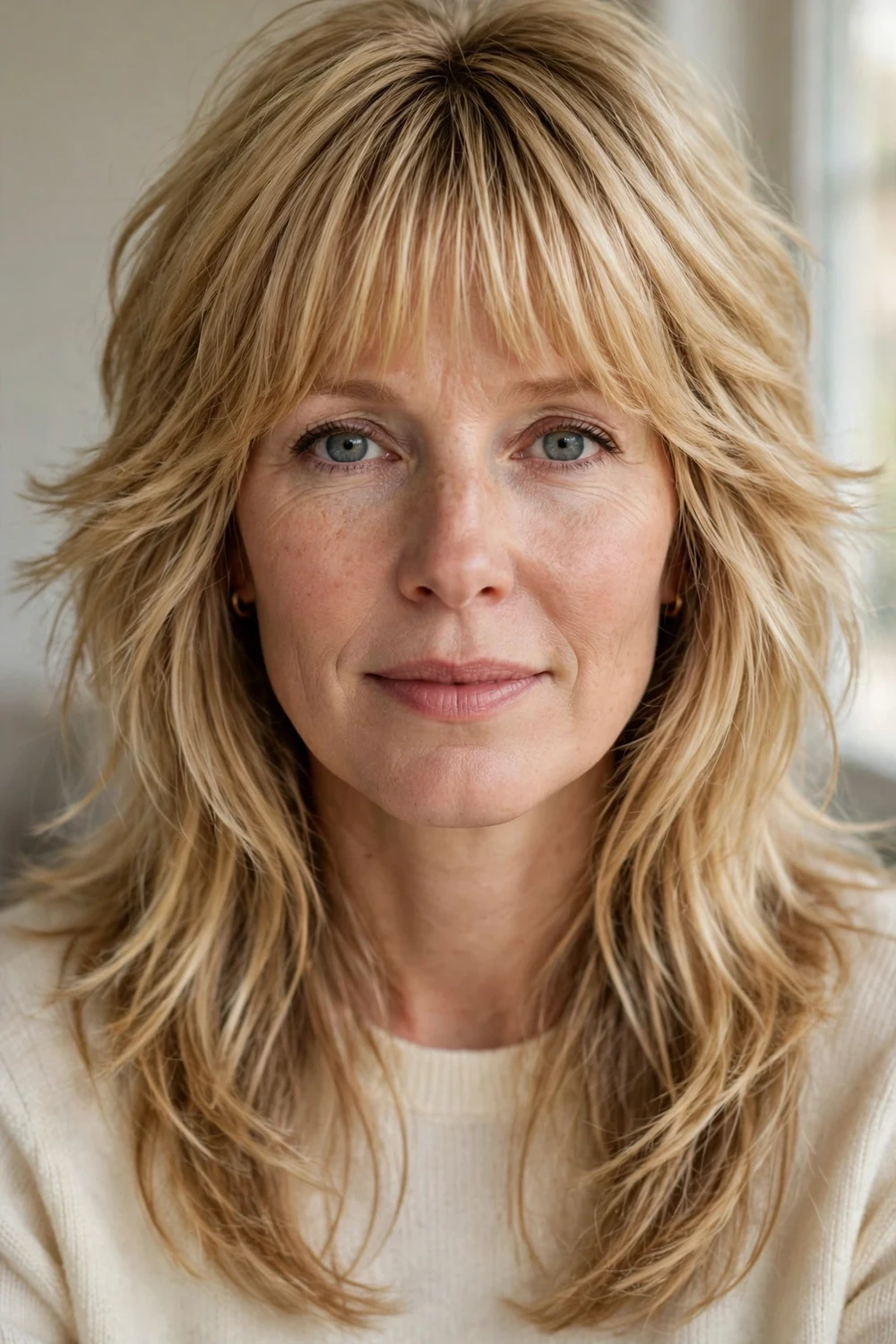 Woman with feathered long shag haircut with straight bangs