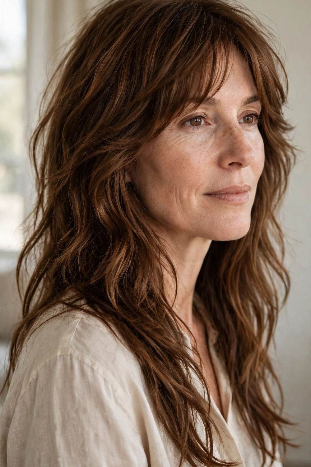 Woman with French-inspired undone long shag haircut