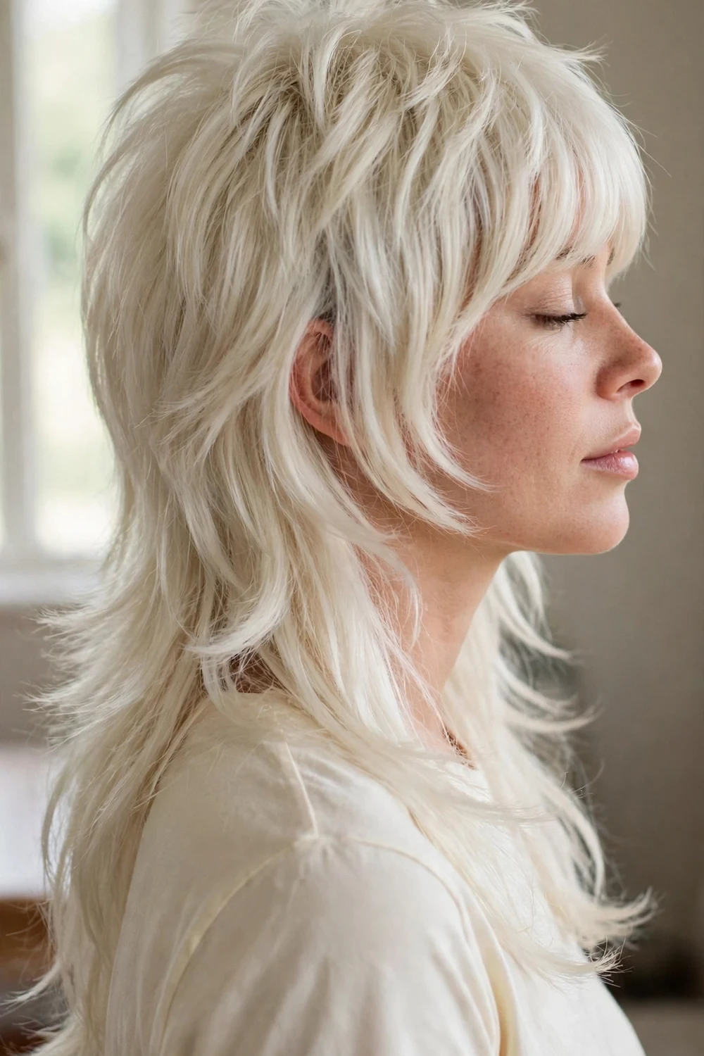 Woman with shag mullet with fringe bangs