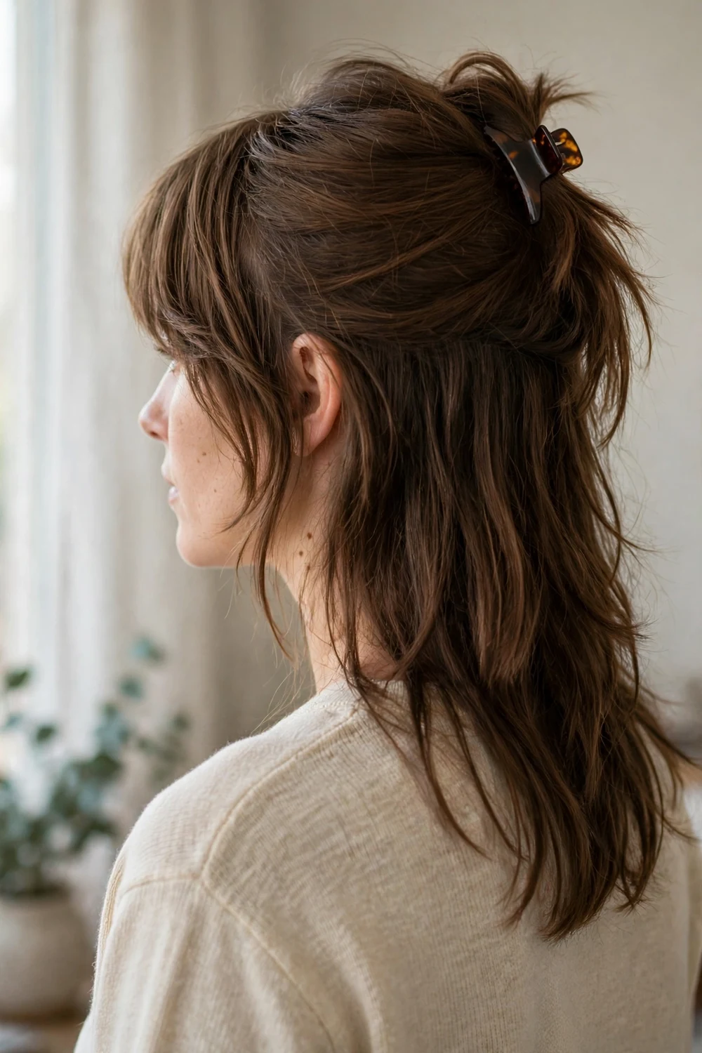 Woman with half-up long 70s shag haircut with curtain bangs