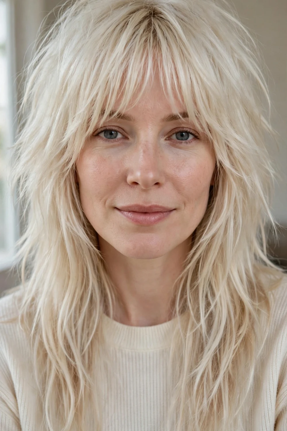 Woman with icy blonde long shag haircut