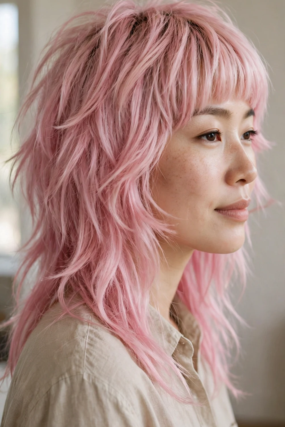 Woman with pastel pink long shag haircut