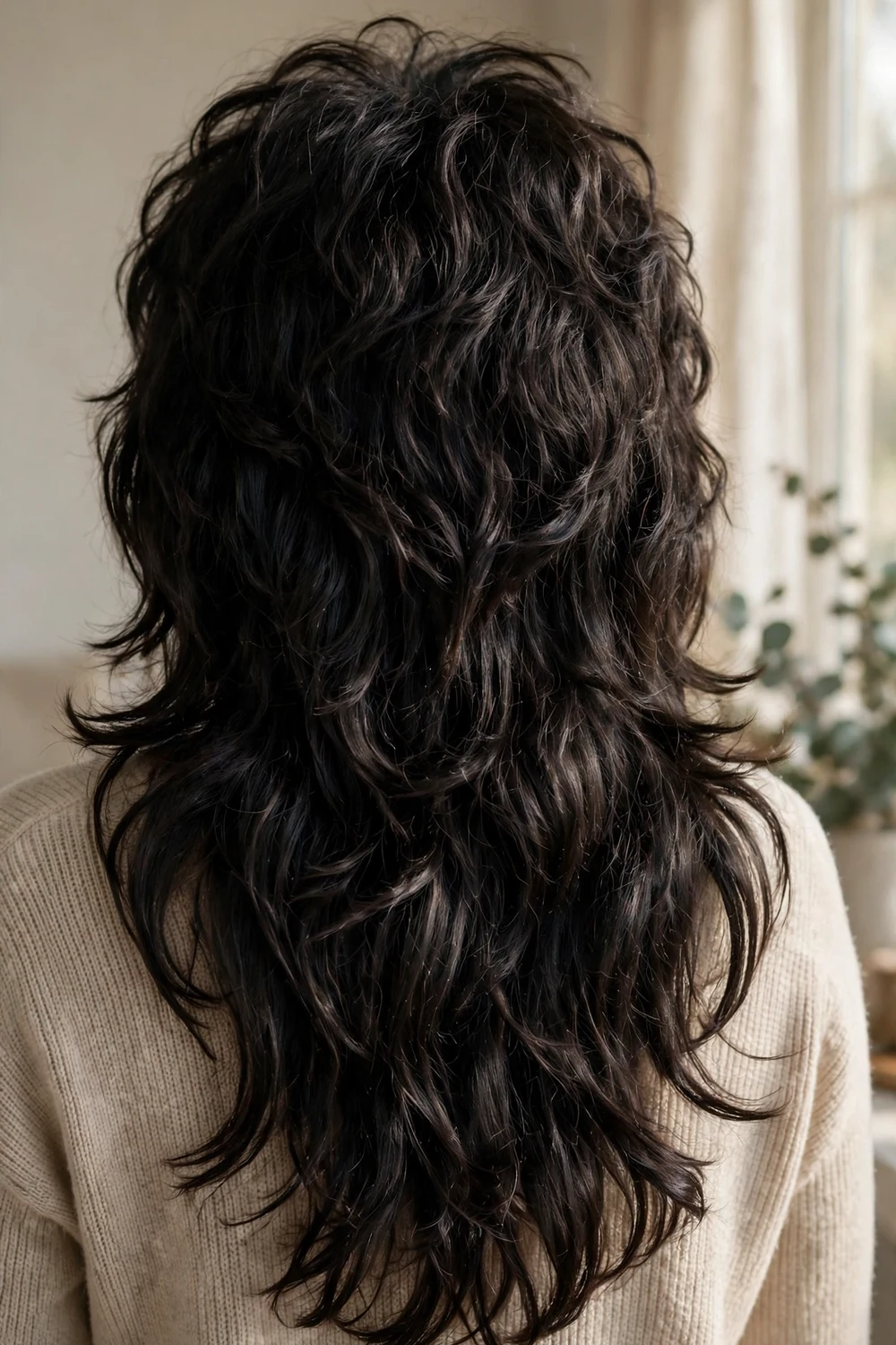 Woman with voluminous retro textured long shag haircut