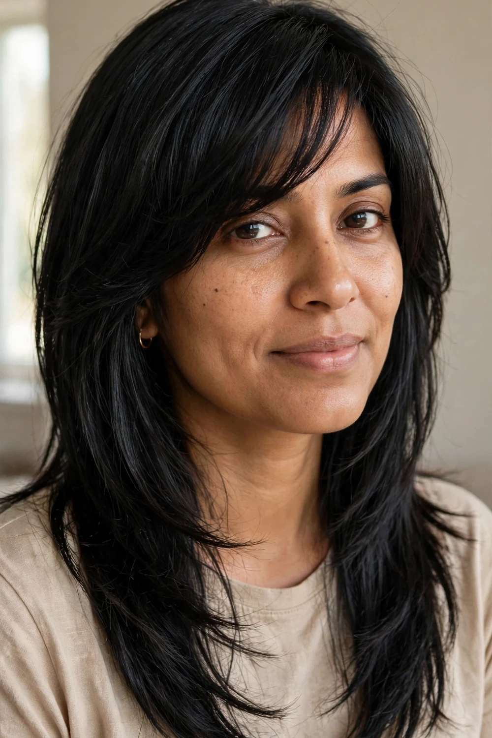 Woman with sleek long shag haircut with side-swept bangs