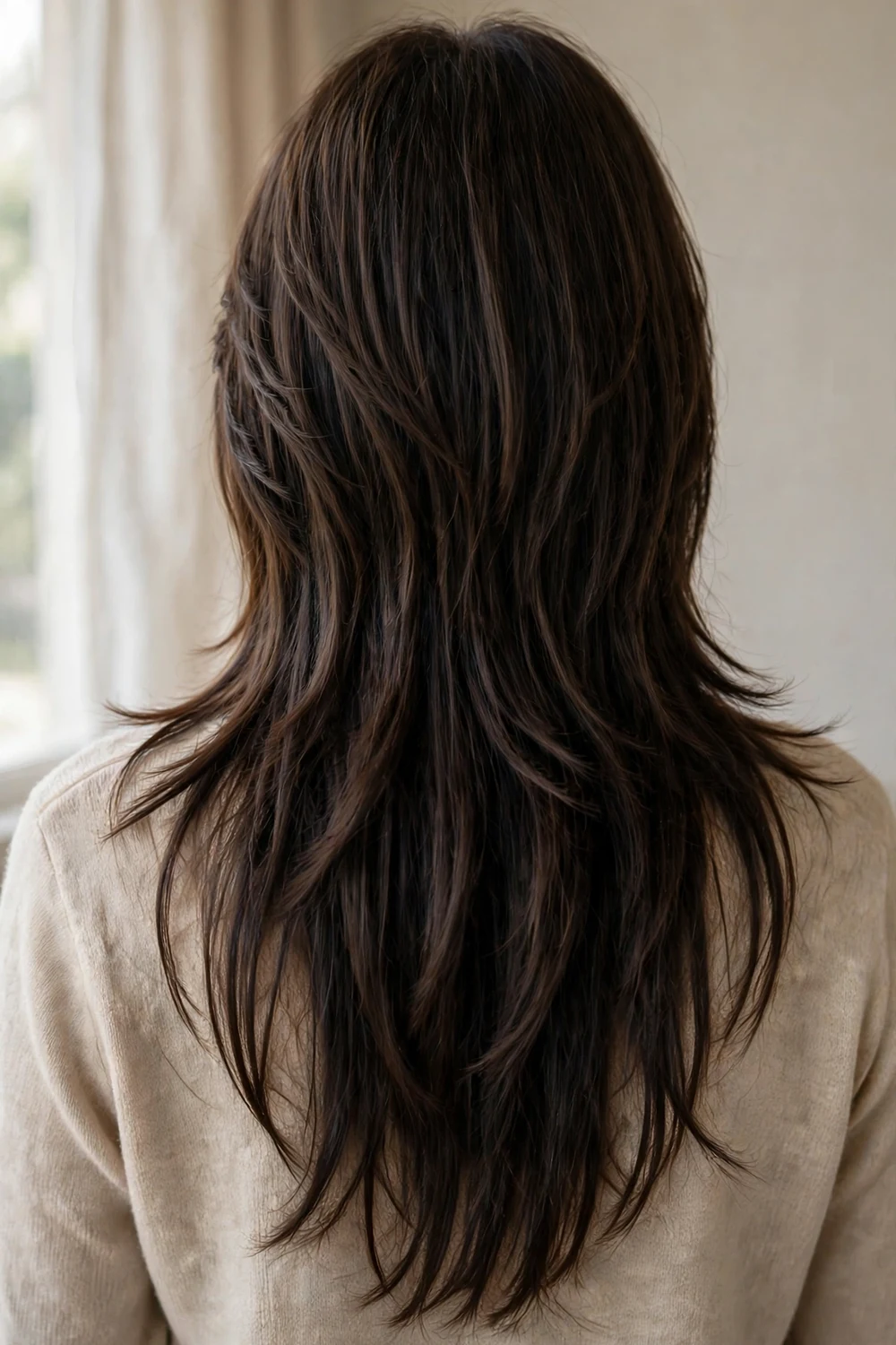 Woman with sleek 70s shag haircut with straight layers