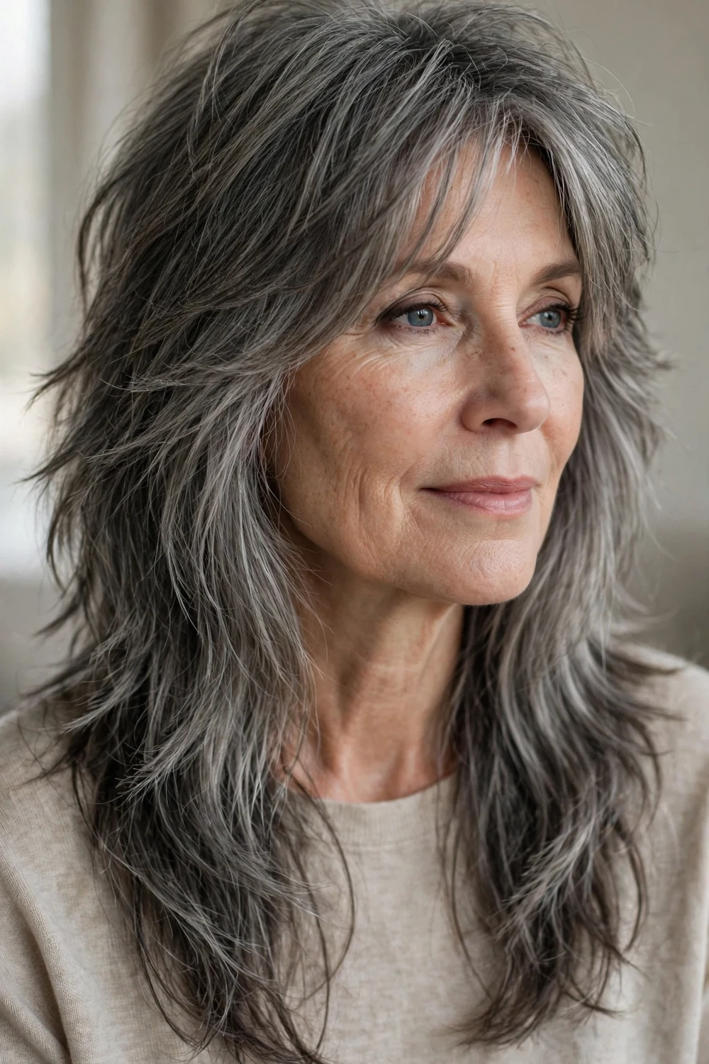 Woman with smoky gray long shag haircut
