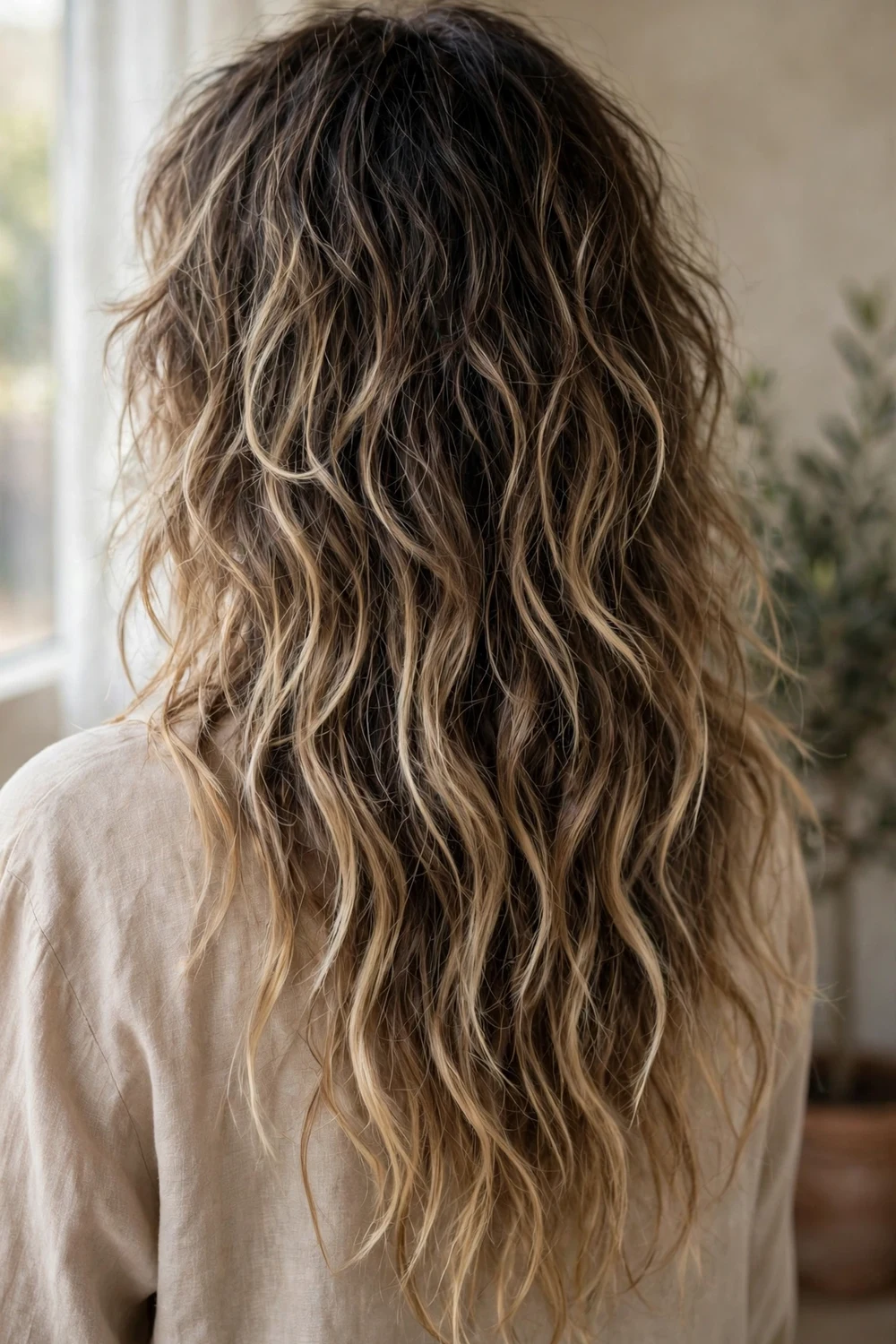 Woman with smoky ombre long shag haircut