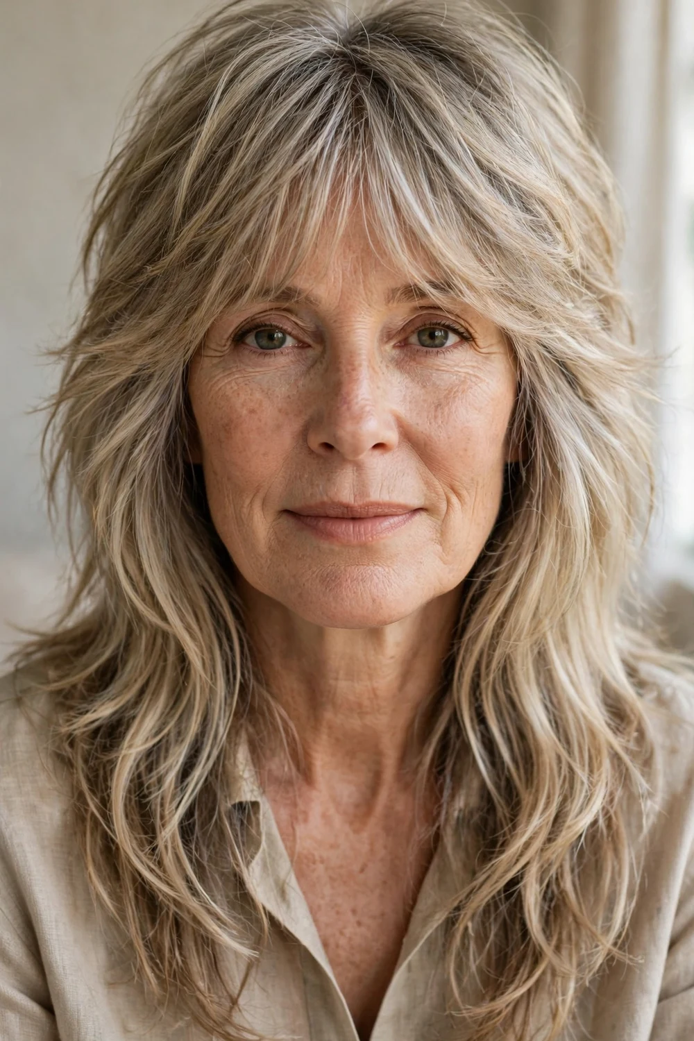 Woman with effortless 70s long shag haircut with soft bangs