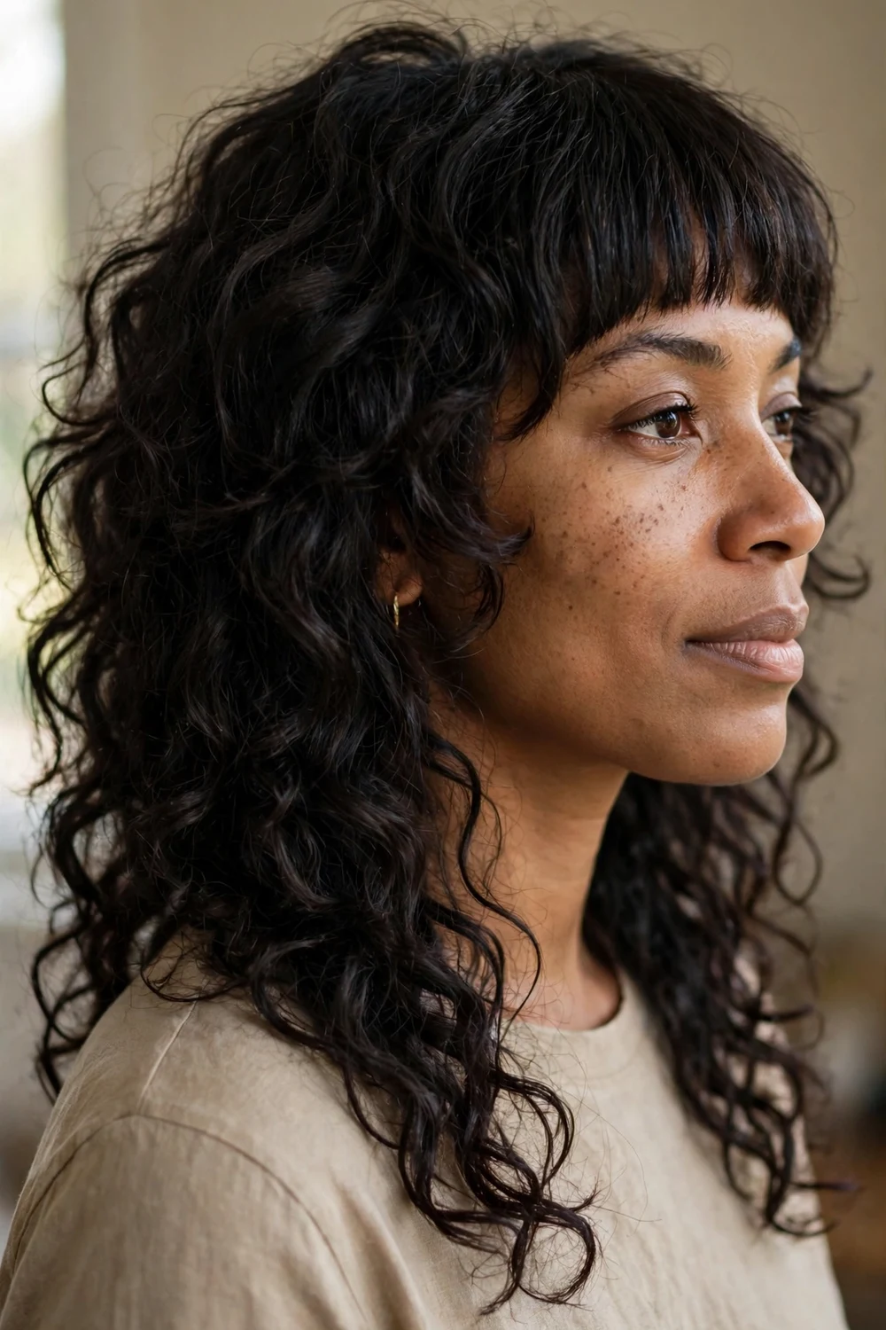 Woman with curly long shag haircut with straight bangs