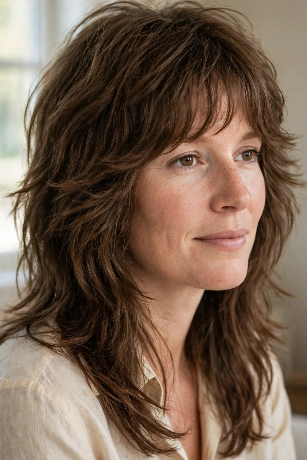 Woman with long brown 70s shag haircut with wispy bangs and feathered layers