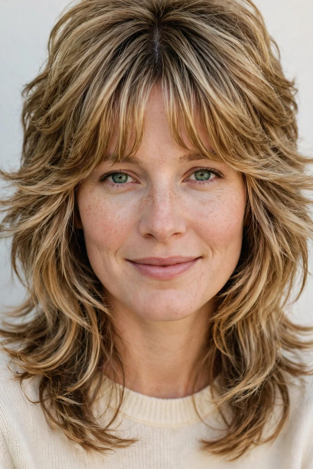 1970s style shag haircut with retro fringe