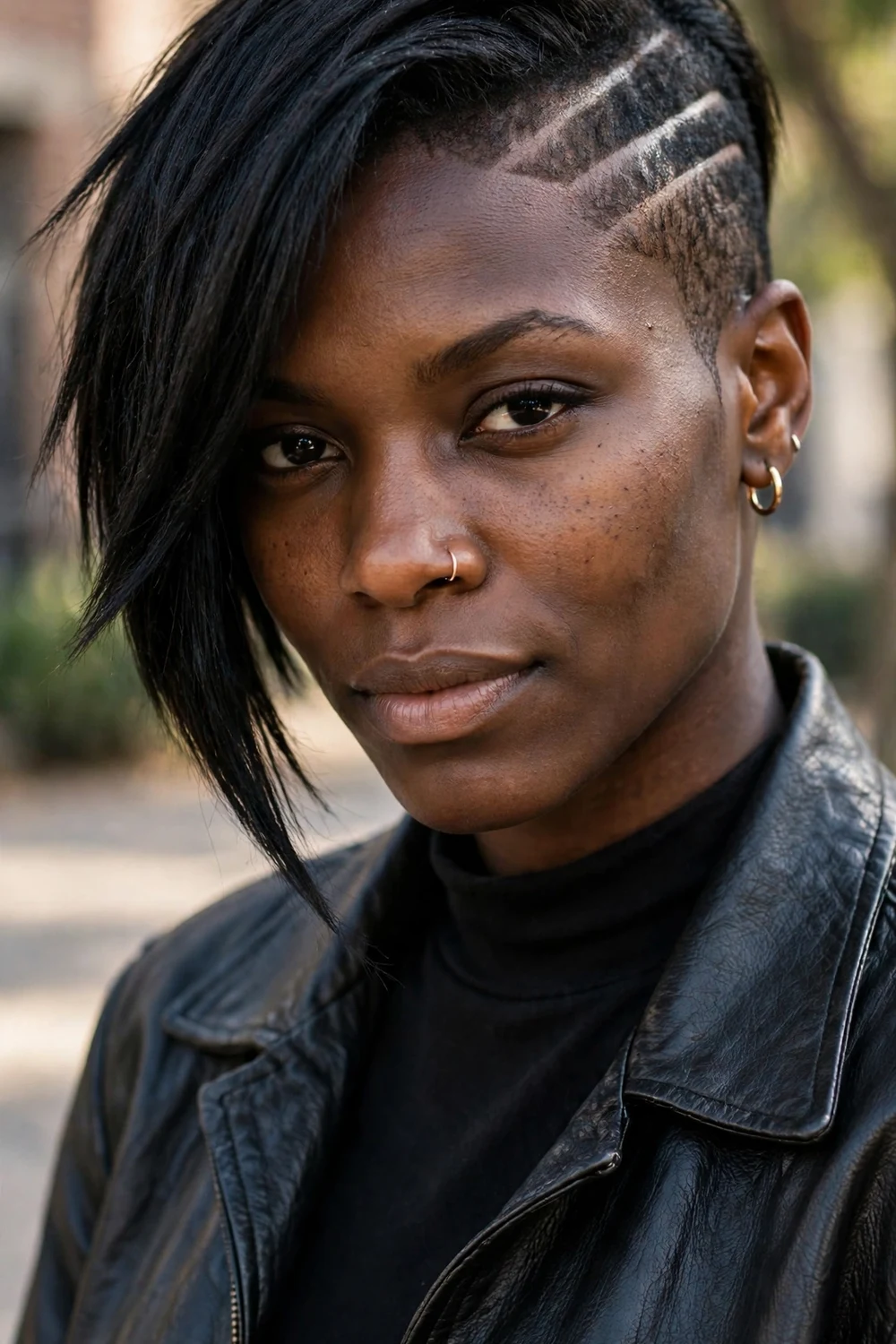 Edgy asymmetric short haircut with one longer angled side and a shaved line design