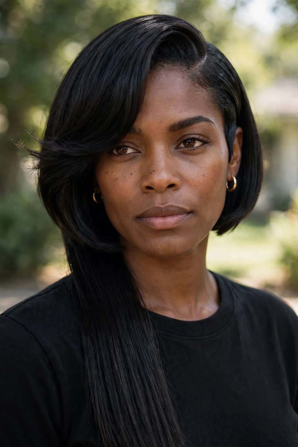 Sharp asymmetrical bob dramatically longer on one side with a deep side part