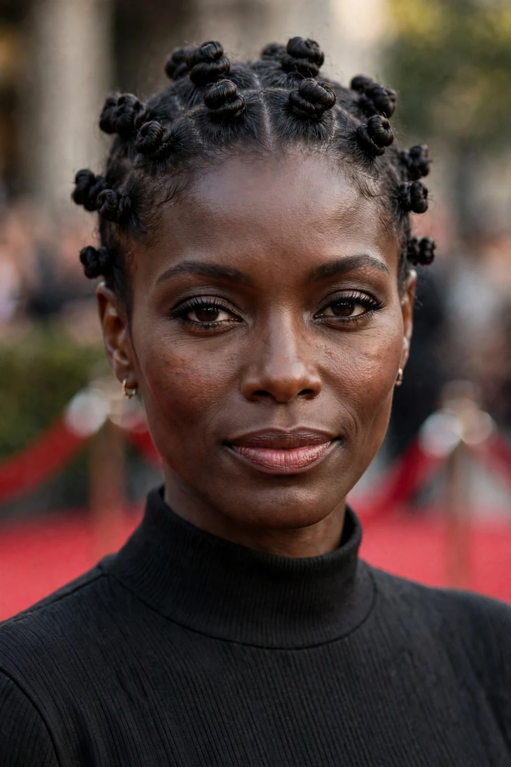 Small neat bantu knots arranged in rows across the head on a Black woman