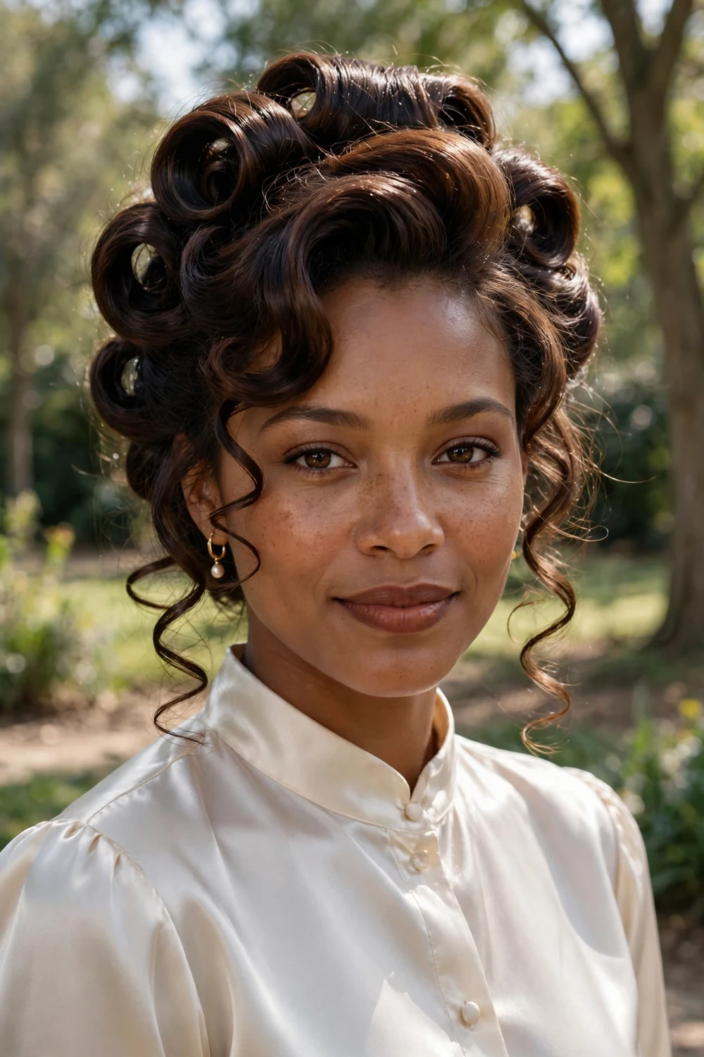 Updo of large glossy barrel curls pinned up with curled tendrils framing the face