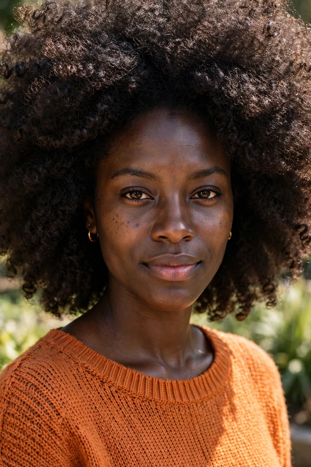 Big voluminous halo of natural coily curls picked out into a large rounded shape