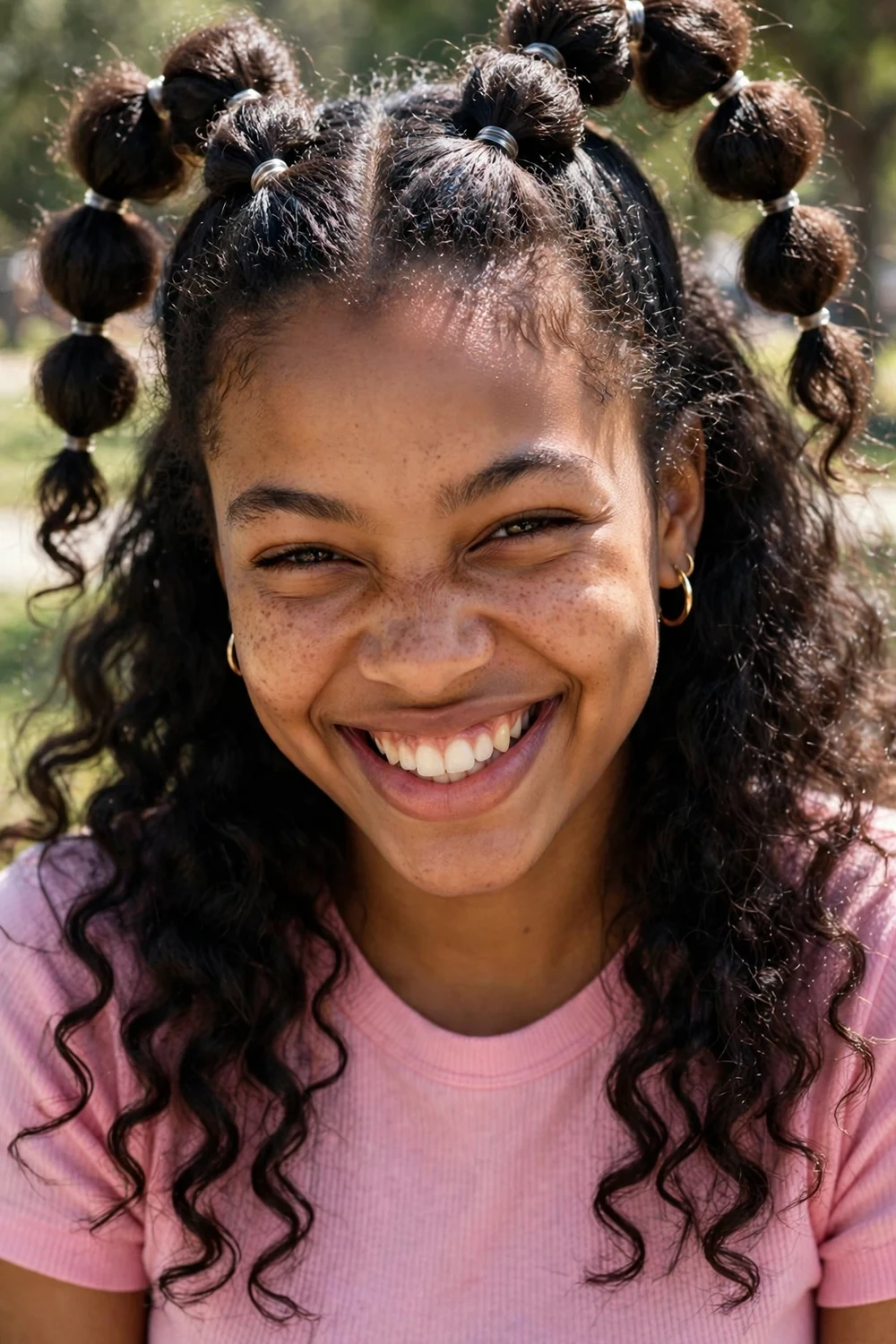 Half-up bubble ponytails with puffy bubble sections held by elastics