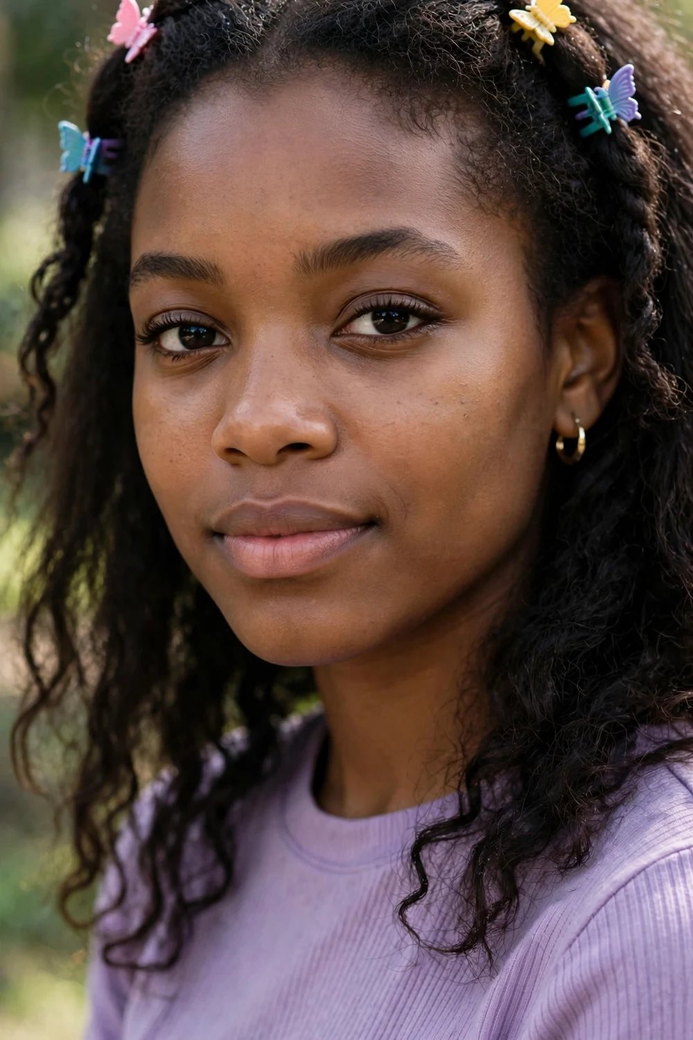 Loose natural hair with small colorful butterfly clips holding back twisted front sections