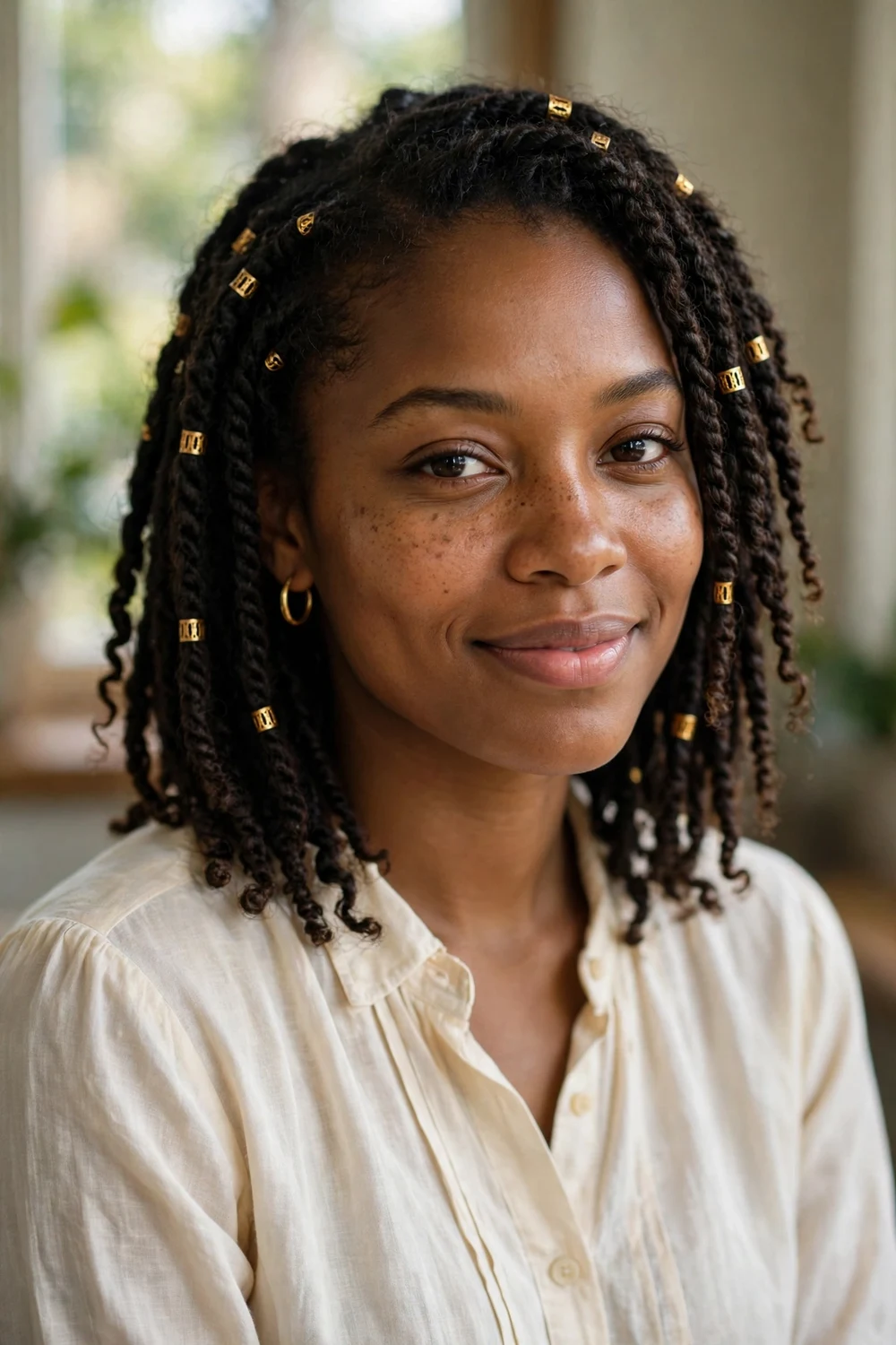 Curved-pattern cornrows braided close to the scalp and gathered into a low bun