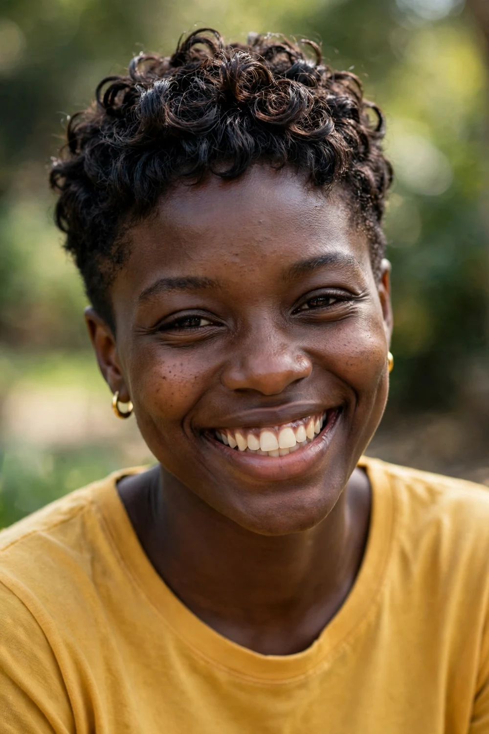 Short curly pixie cut with defined curls on top and tapered sides