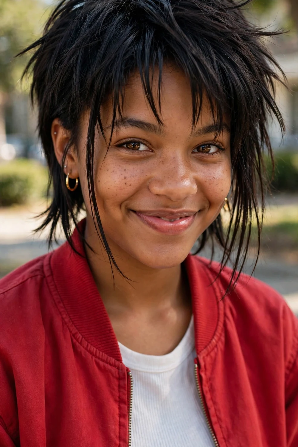 Cute edgy short crop with choppy layers and longer front pieces on a young Black woman