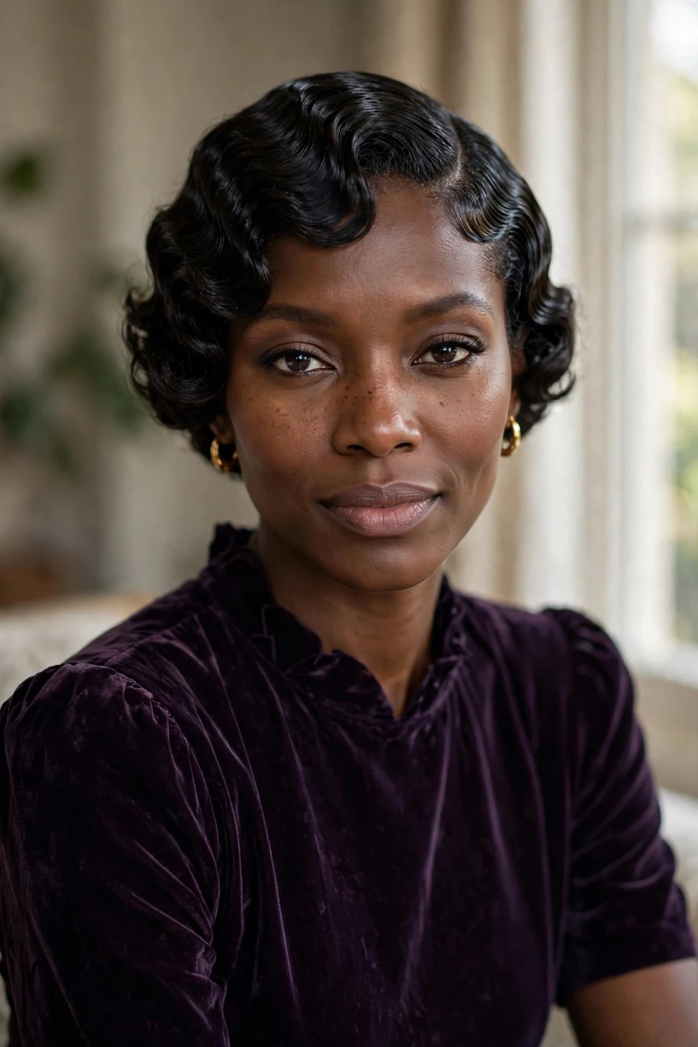 Short sculpted finger waves with glossy deep S-shaped ridges on a Black woman