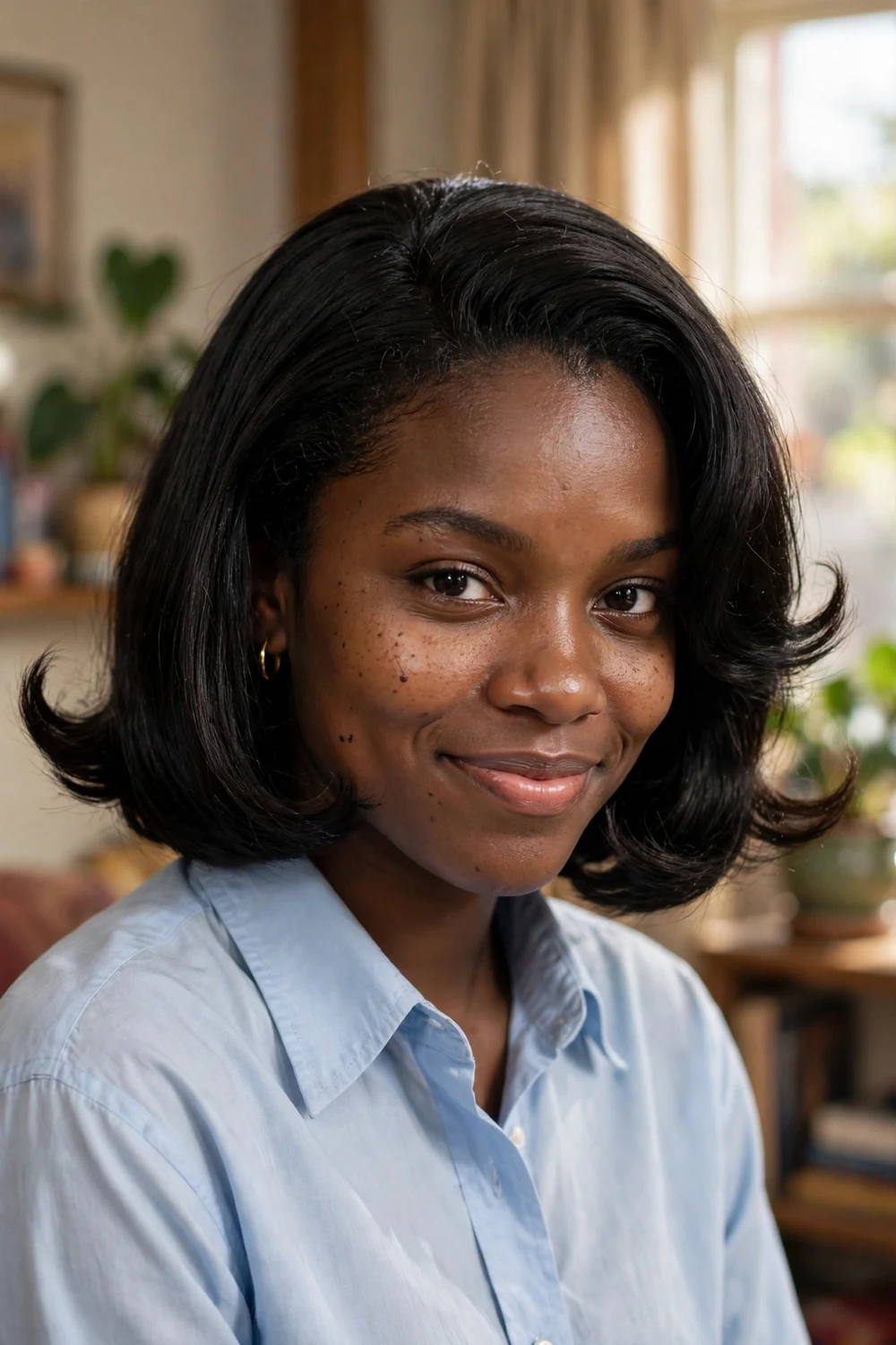 Sleek shoulder-length bob with ends flipped outward in a sassy curl