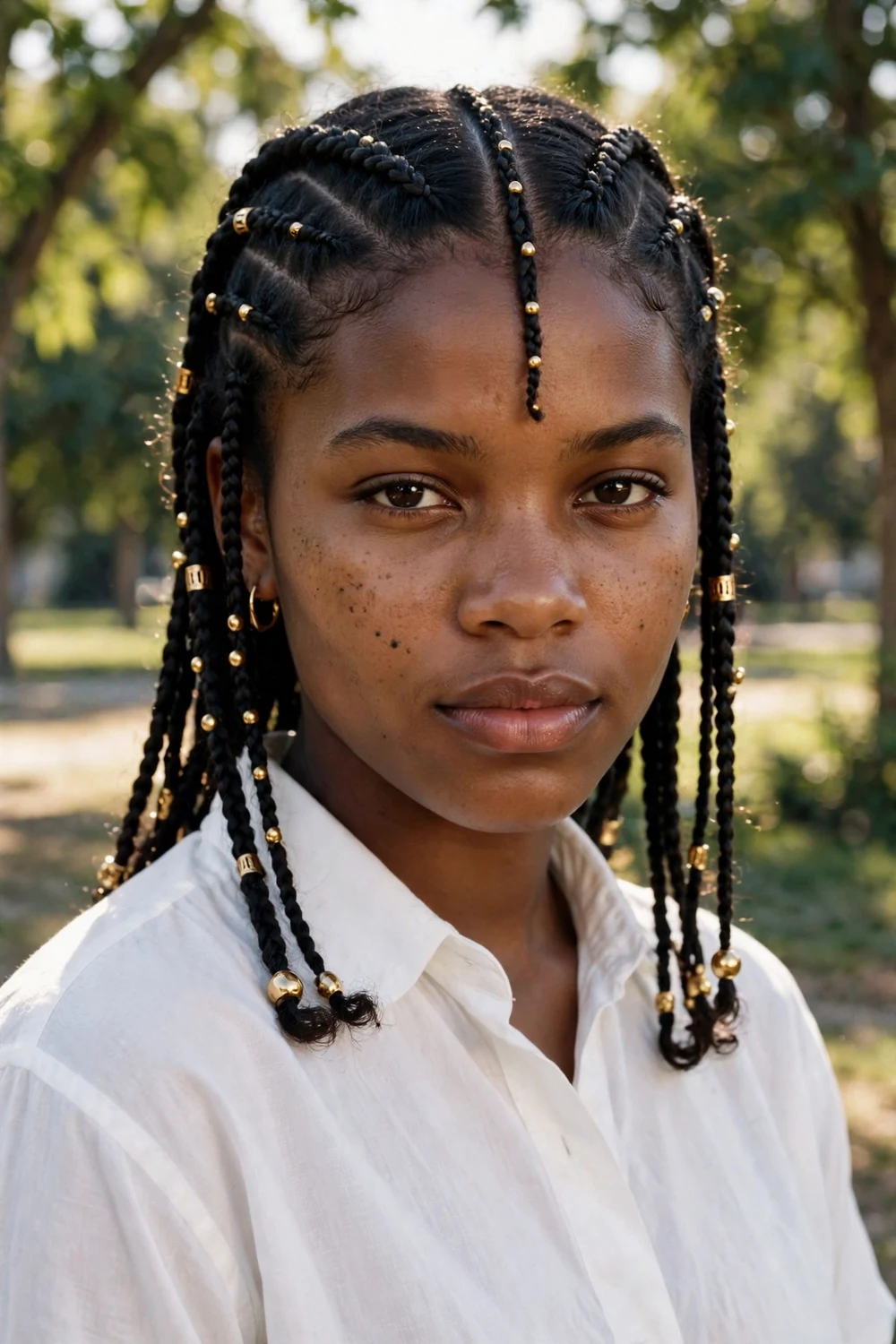 Fulani braids with a center part and a front braid decorated with gold beads