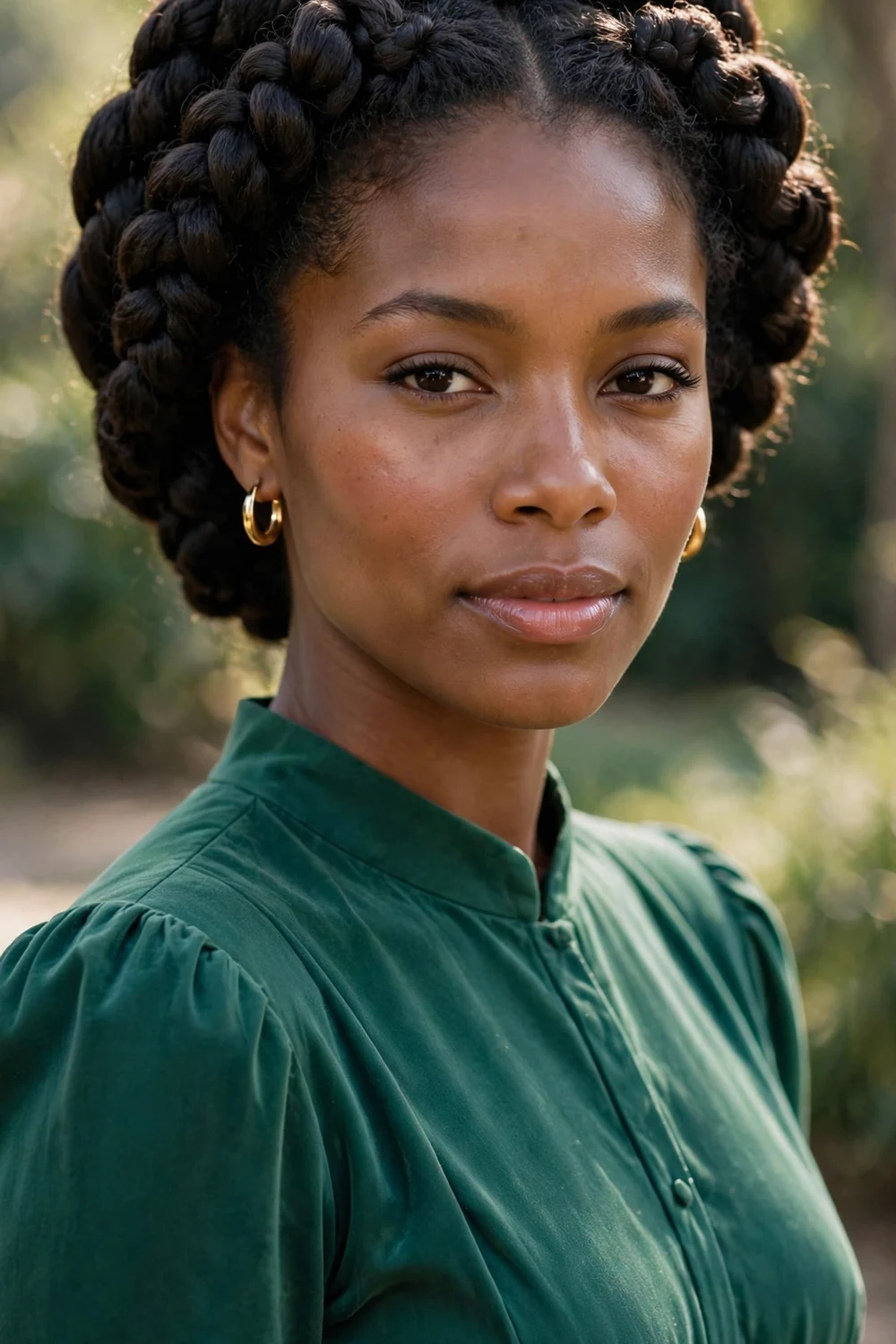 Thick raised goddess braids in a crown pattern around the head