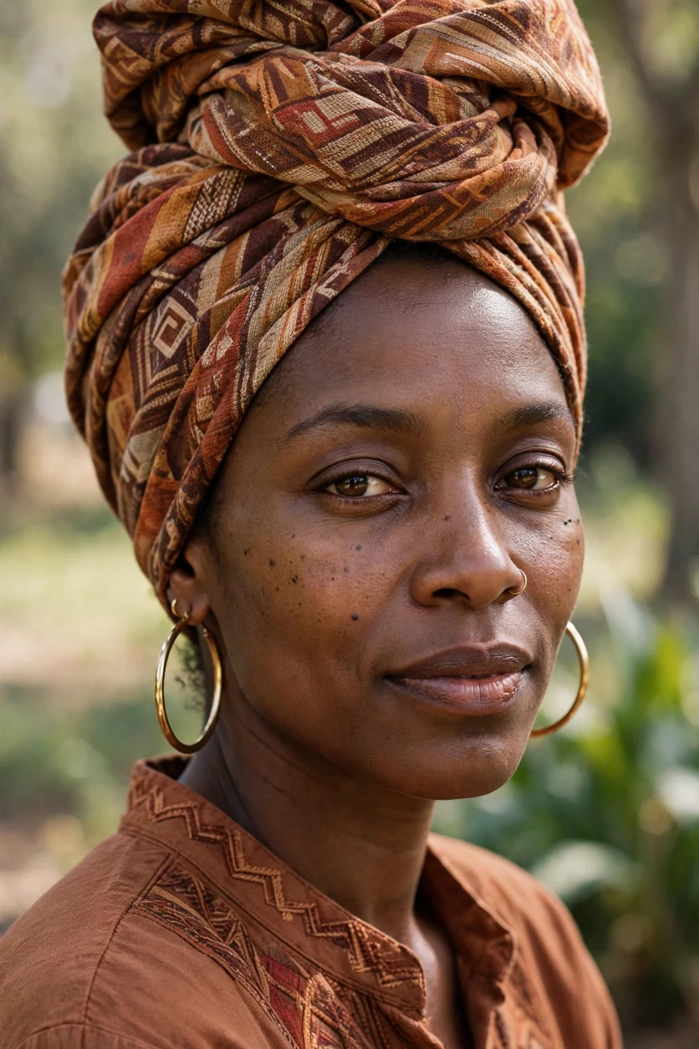 Large elegant patterned headwrap turban in earth tones on a Black woman