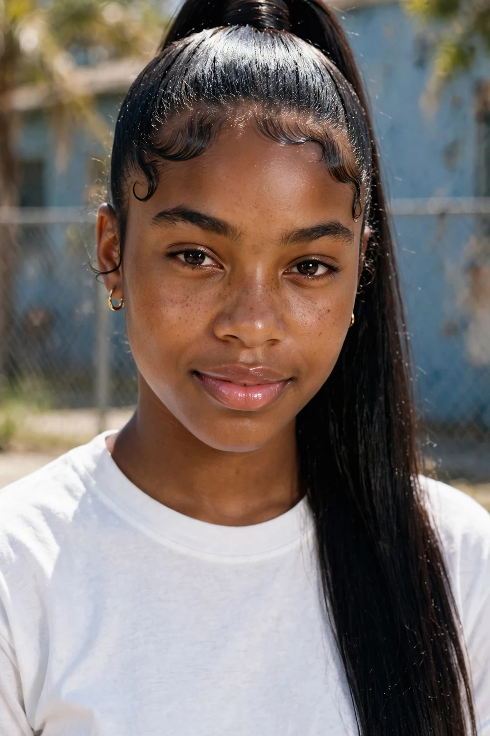 Sleek high ponytail with long straight hair and swooped edges on a young Black woman