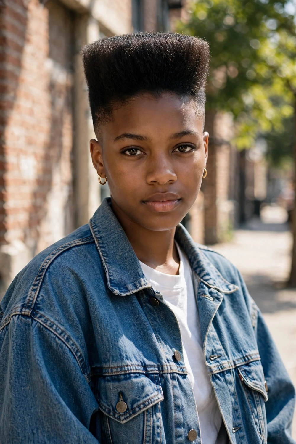 High-top fade with a tall flat top and faded sides on a young Black woman