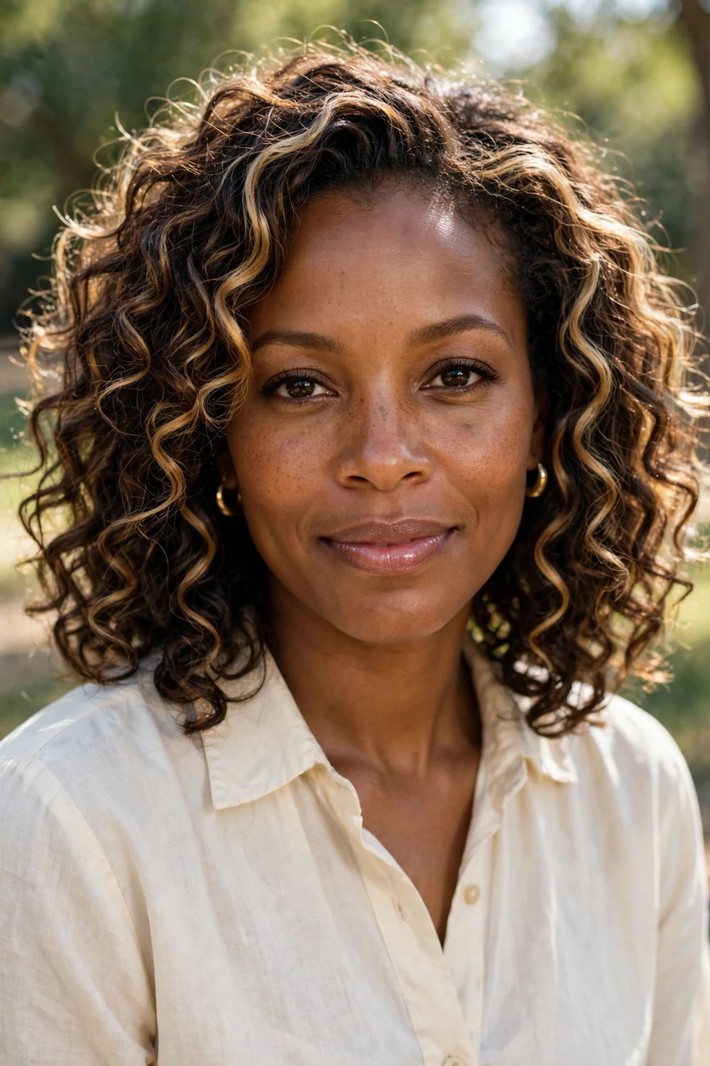 Shoulder-length defined curls with honey-blonde streaked highlights on a Black woman