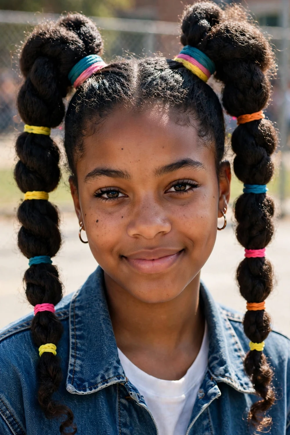 Two high pigtails made of thick jumbo twists with colorful bands on a young Black woman