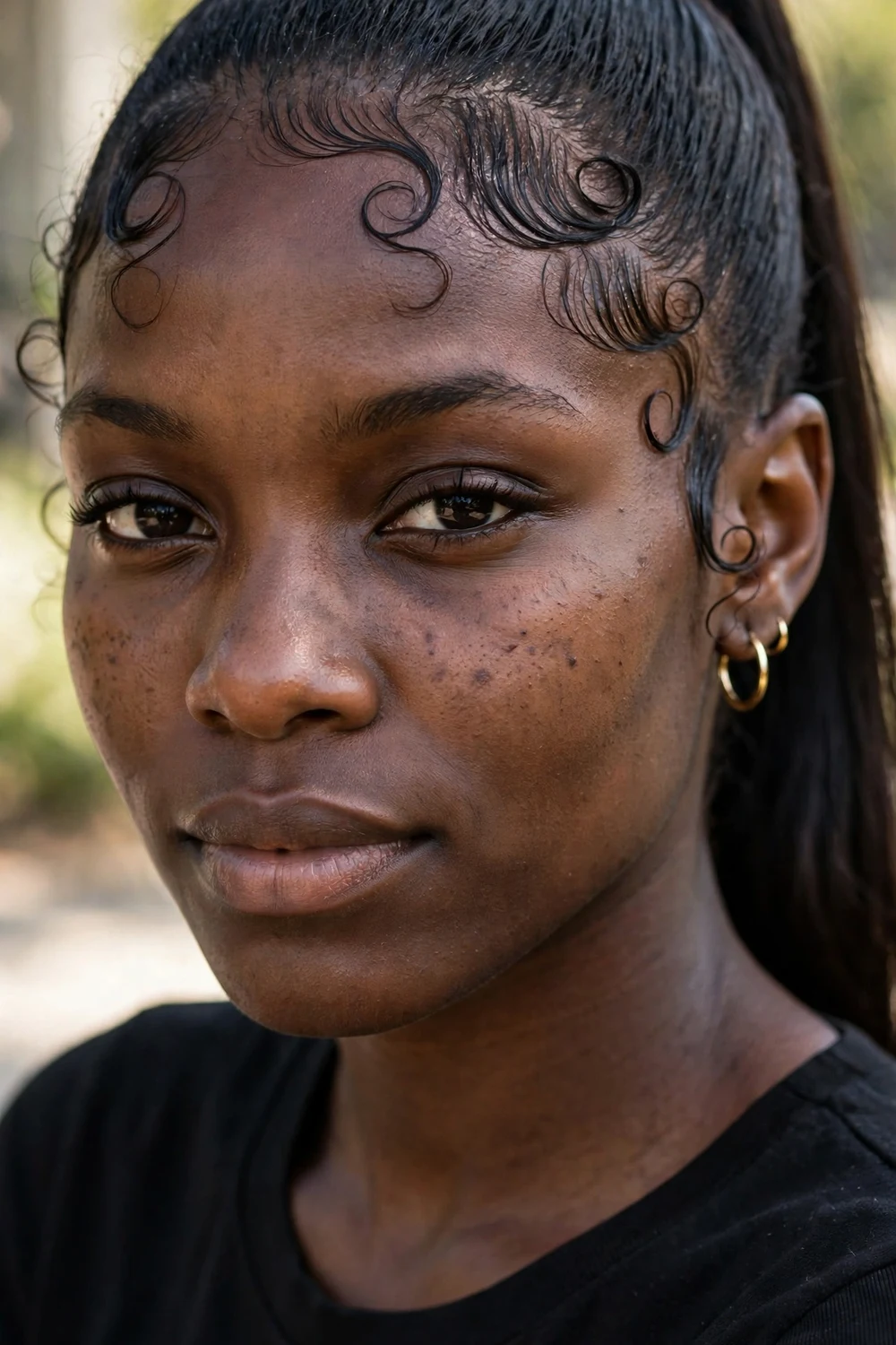 Sleek ponytail with delicate swirled baby hairs styled along the forehead and temples