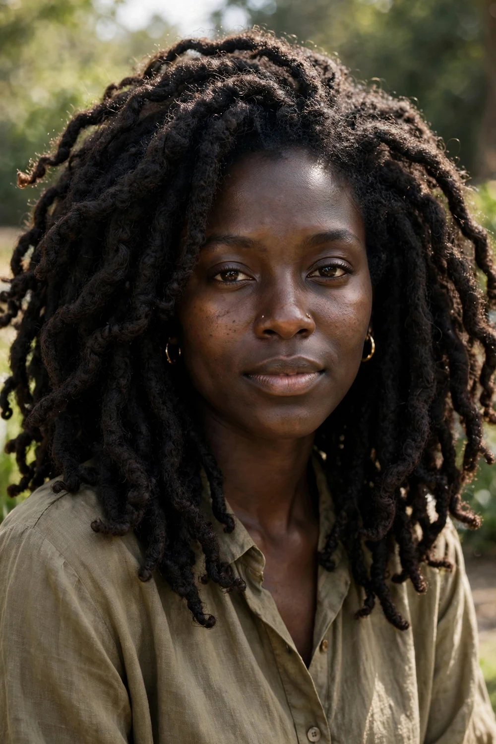 Thick voluminous shoulder-length locs with natural texture on a Black woman