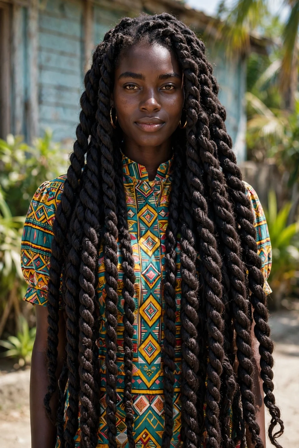 Extremely long thick rope-like braids falling past the waist on a Black woman