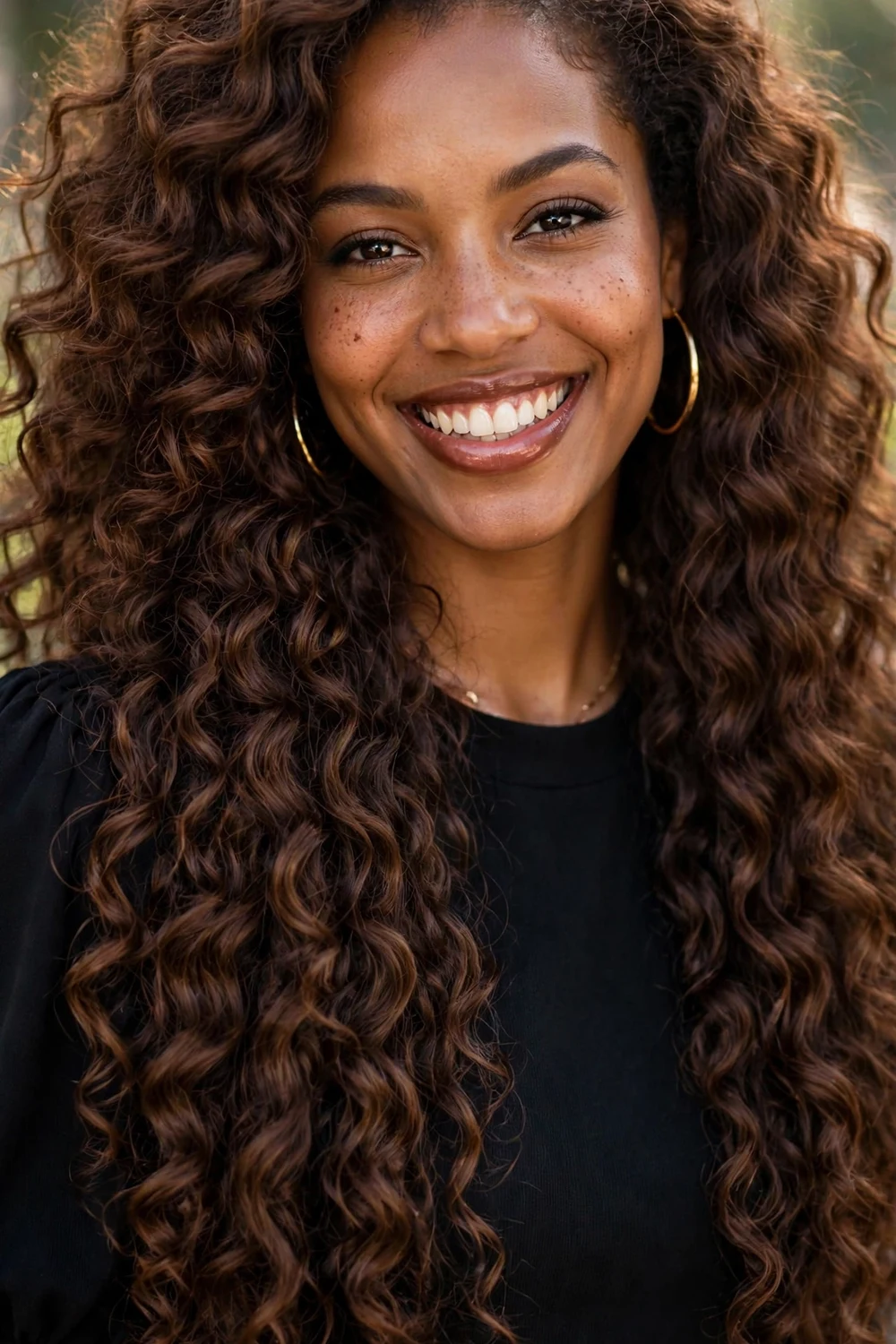 Very long thick chestnut-brown voluminous curls cascading past the shoulders