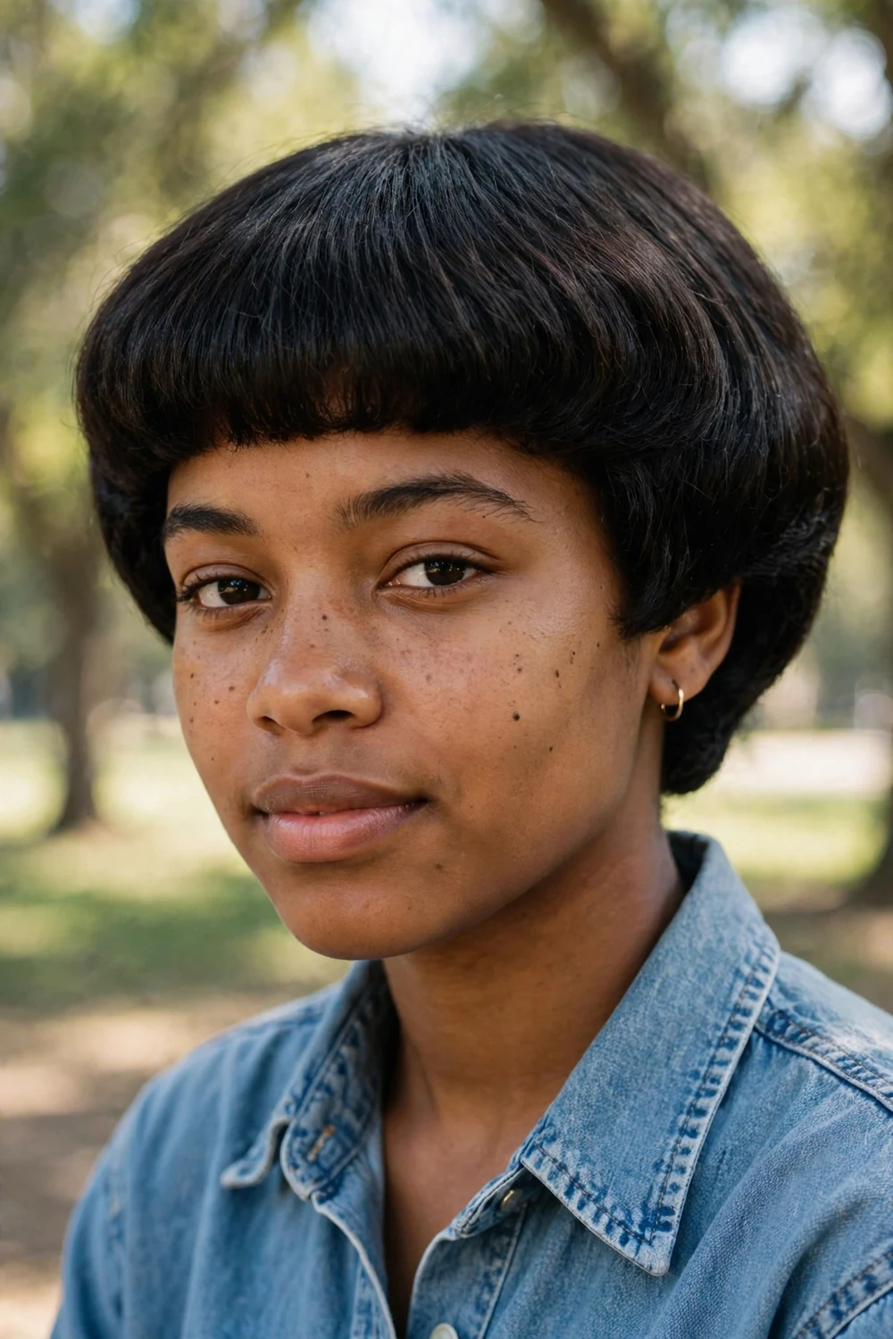 Rounded mushroom cut with a smooth bowl-like silhouette and straight fringe