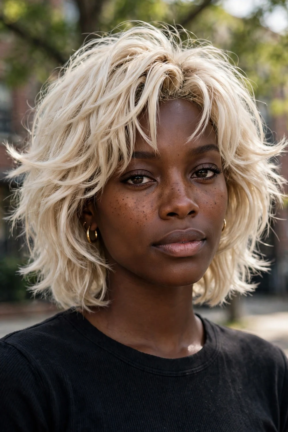 Platinum blonde flippy shaggy layered bob on a Black woman