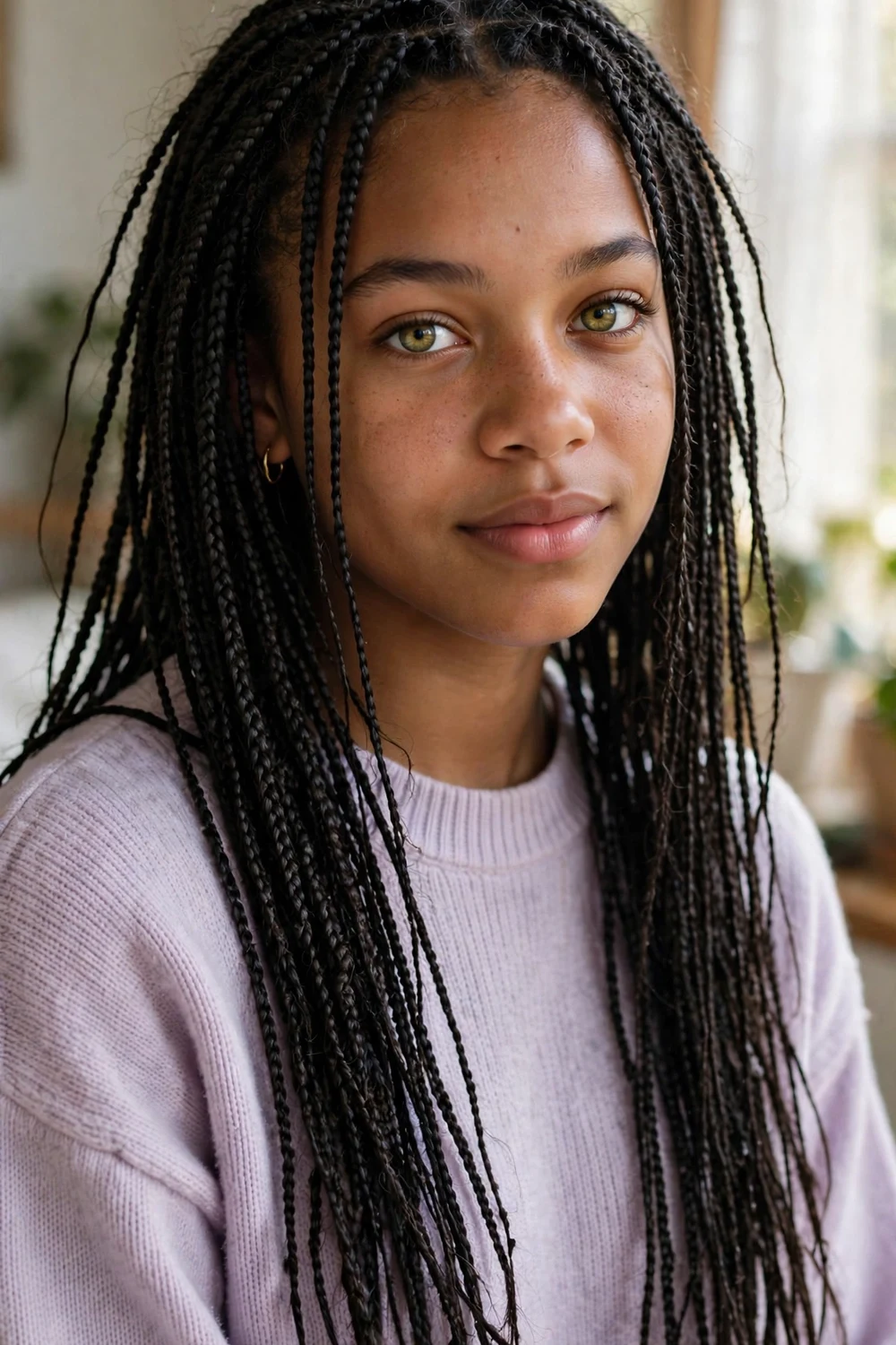 Long waist-length box braids with a center part on a smiling Black woman in a denim jacket