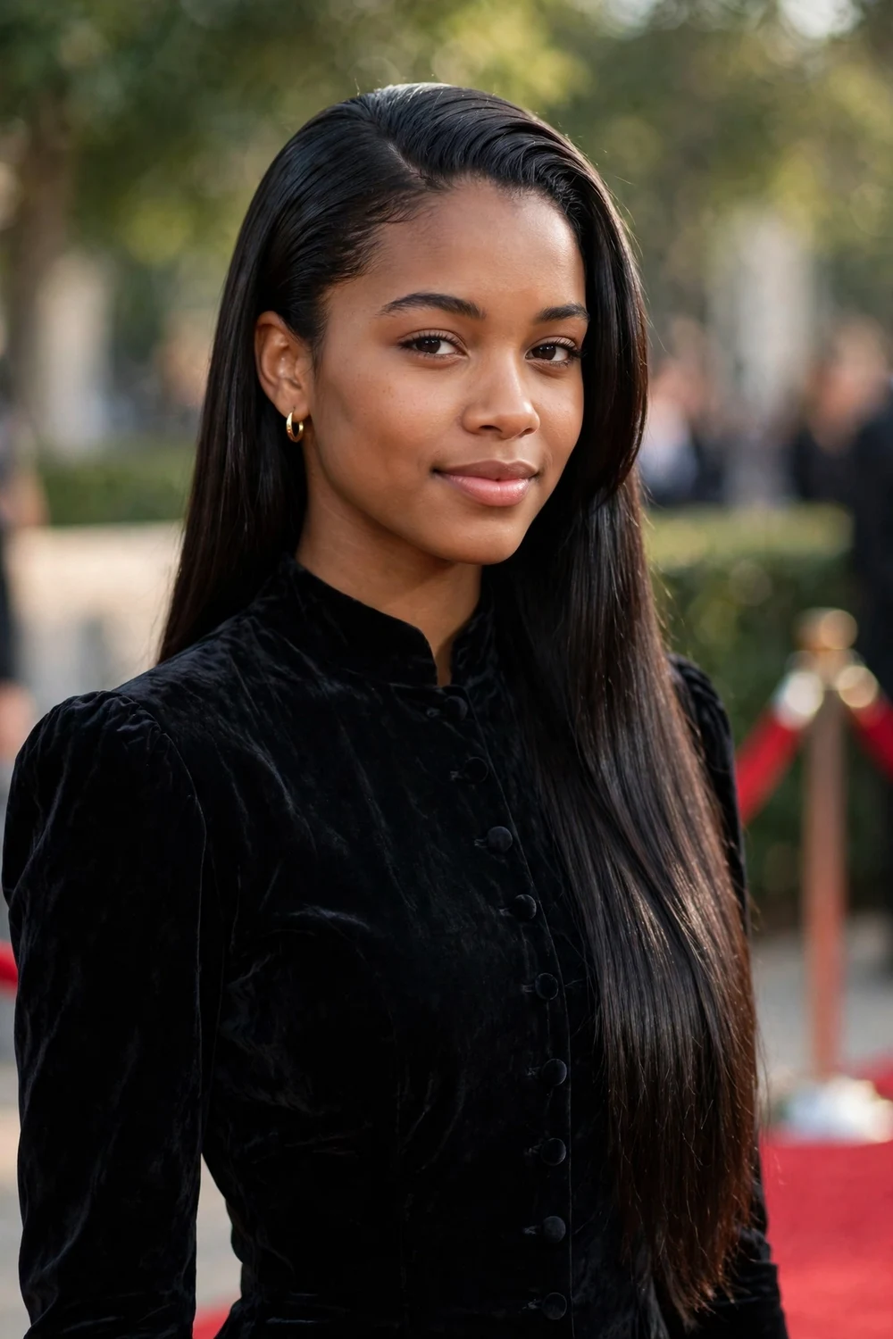 Perfectly polished sleek side-parted long glossy hairstyle on a young Black woman