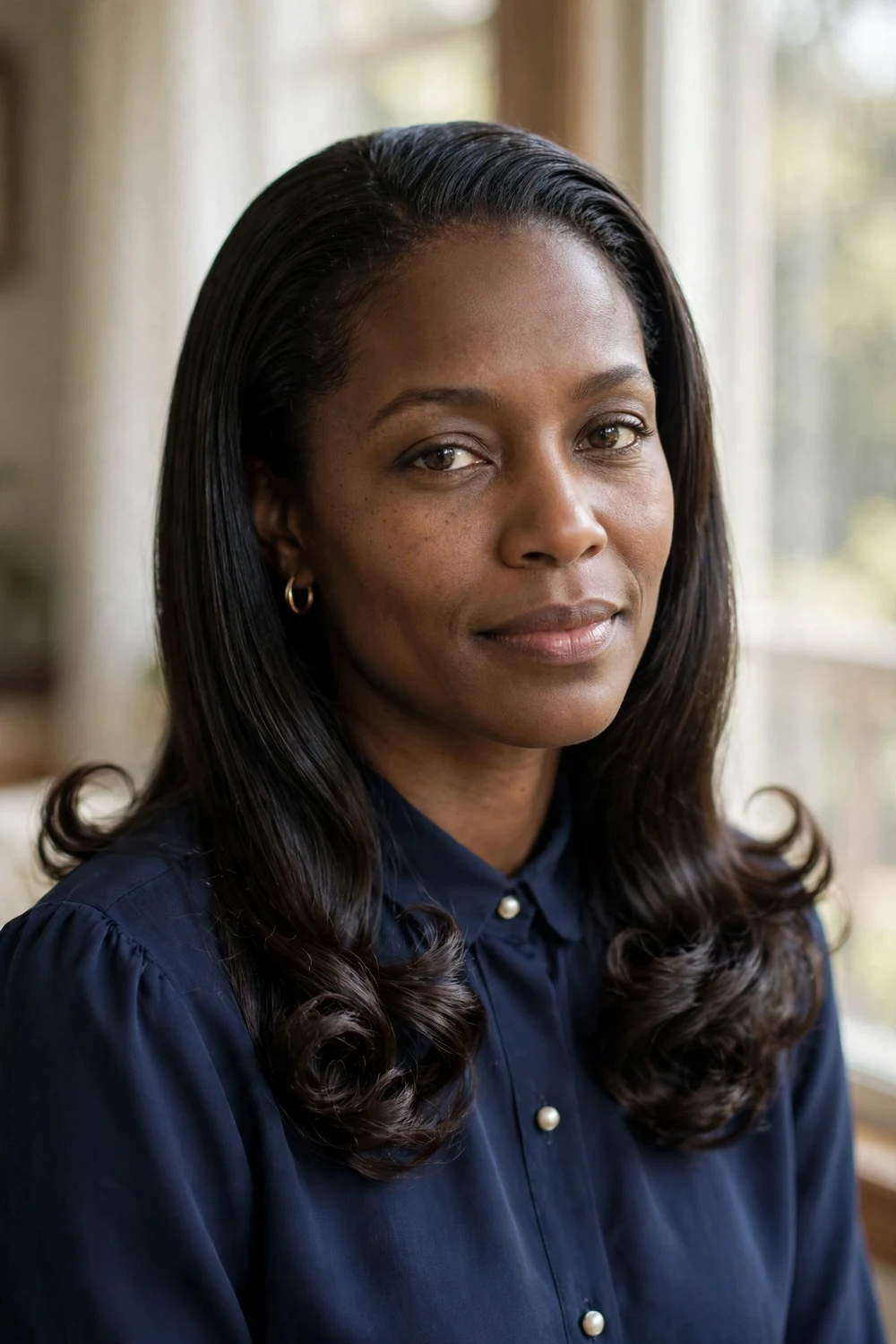 Glossy sleek silk press with bouncy curled ends on a Black woman