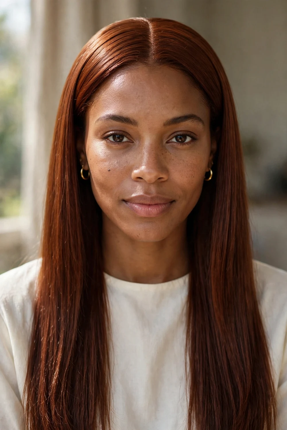 Long silky-smooth auburn-red straight hair with a middle part on a Black woman