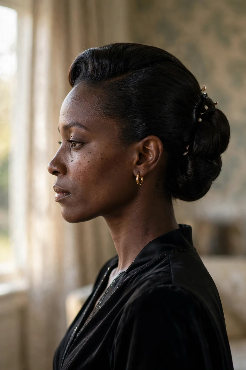 Sleek elegant formal updo with hair swept up smoothly, side profile view