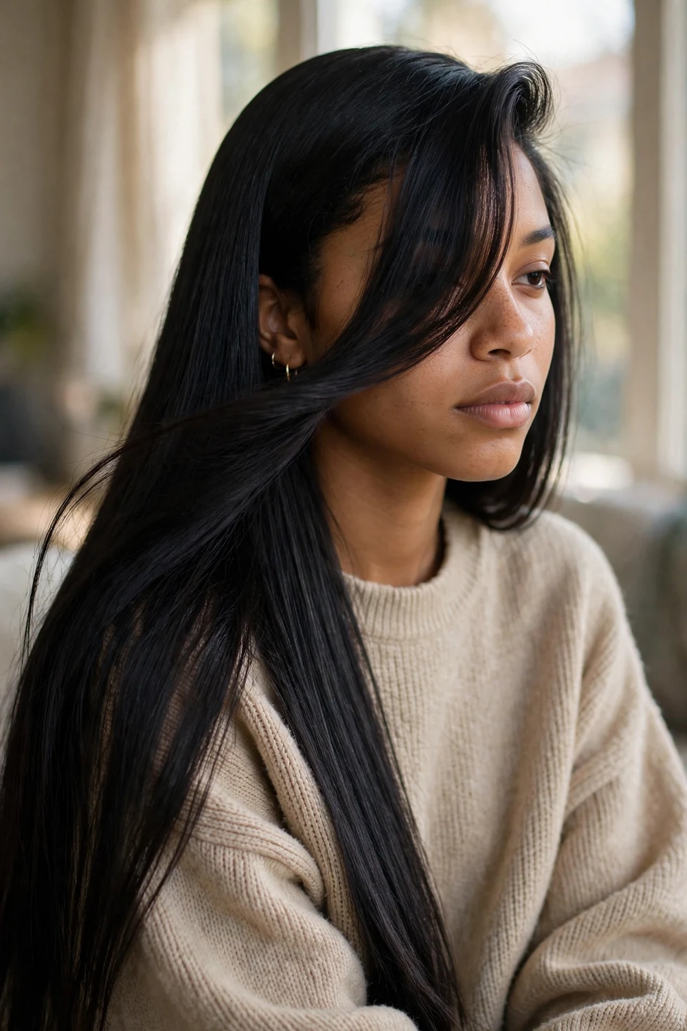 Very long straight black hair with a deep side part swooped over one eye