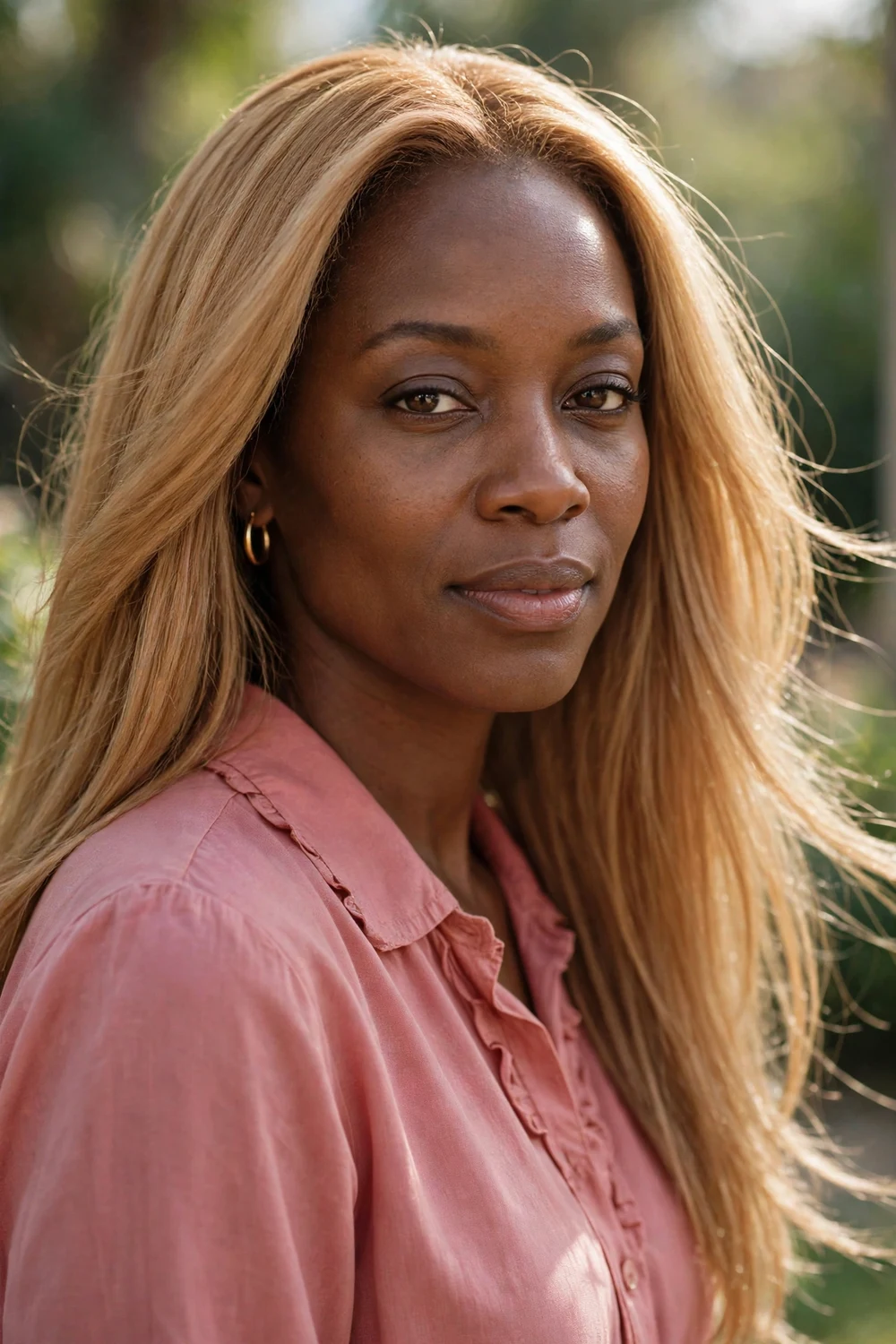 Soft honey-blonde long straight locks on a Black woman in a rose blouse
